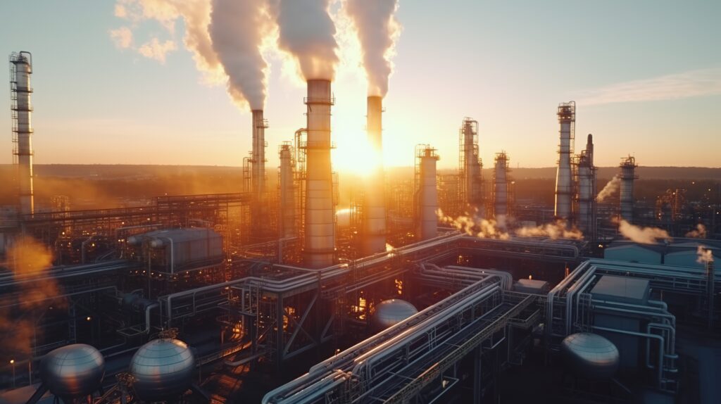 aerial view on pipes of chemical enterprise plant. Air pollution concept. Industrial landscape environmental pollution waste of thermal power plant with generative ai
